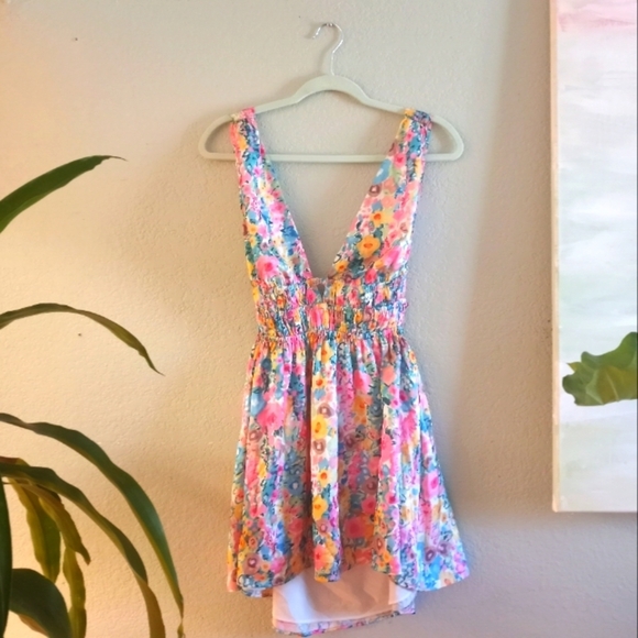 Beginning Boutique Floral Pastel Ice Blue Pink Butter Yellow Rainbow Mini Dress - Picture 2 of 5